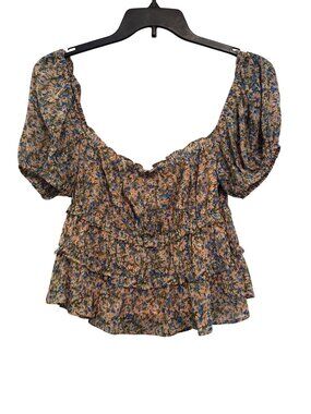 ASTR The Label Top Size M Peach Blue Ditsy Floral Smocked Puff Sleeve Peplum